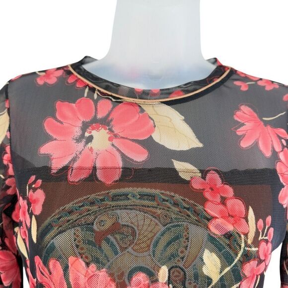 Anac by Kimi Size Medium Black Red Floral Sheer Top Artsy Fitted Romantic - Picture 4 of 9